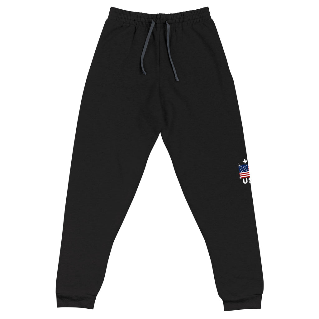 Jogger USA +1 - Noir avec drapeau floqué effet éclaboussure de peinture - vue de face - Indicatif Fier