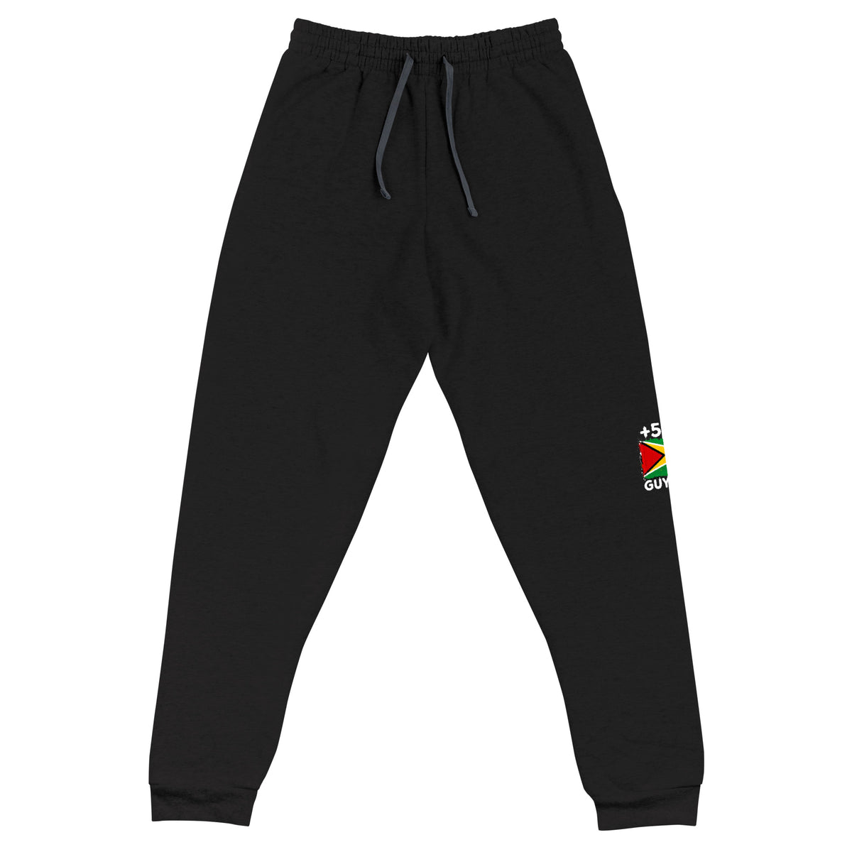 Jogger Guyana +592 - Noir avec drapeau floqué effet éclaboussure de peinture - vue de face - Indicatif Fier