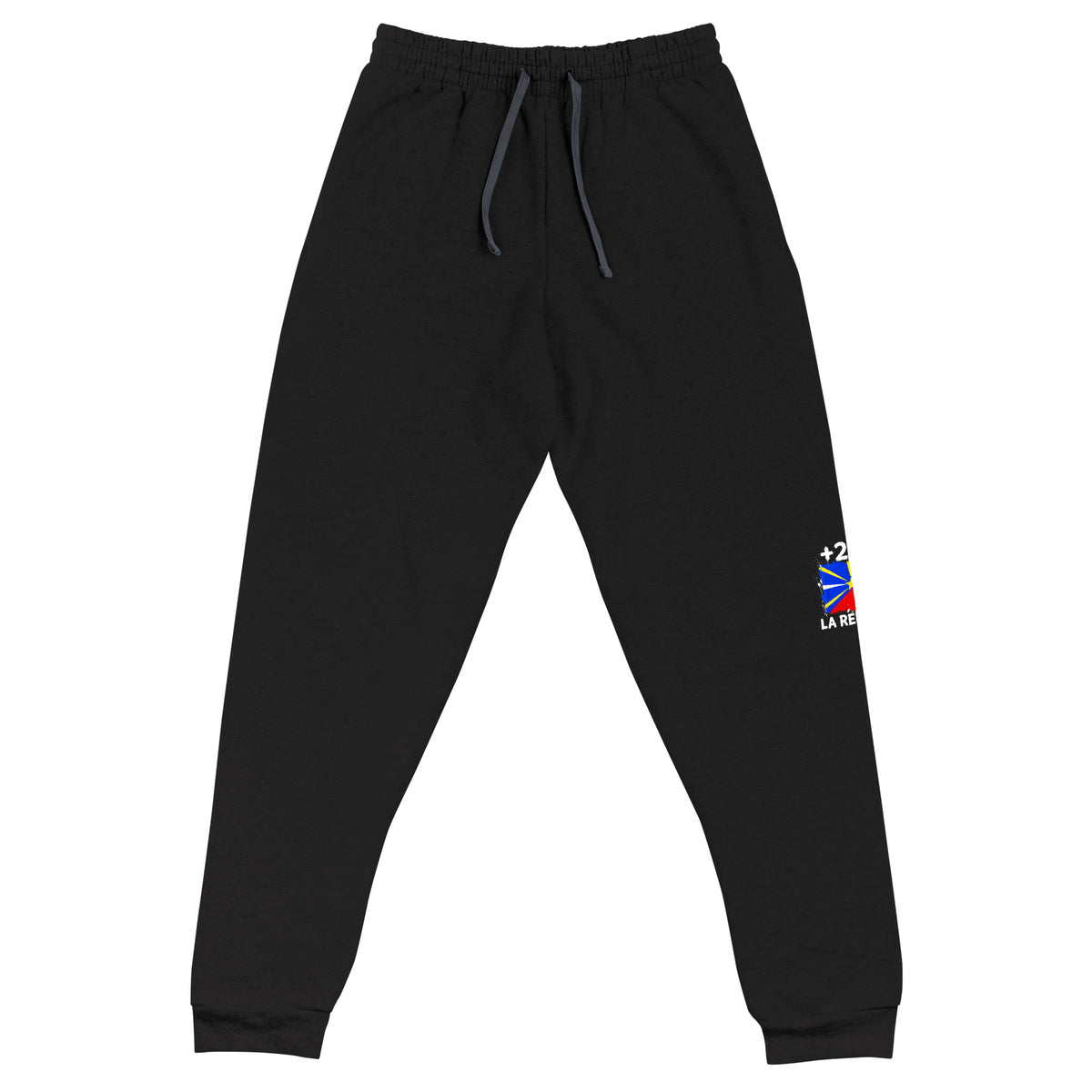 Jogger La Réunion +262 - Noir avec drapeau floqué effet éclaboussure de peinture - vue de face - Indicatif Fier