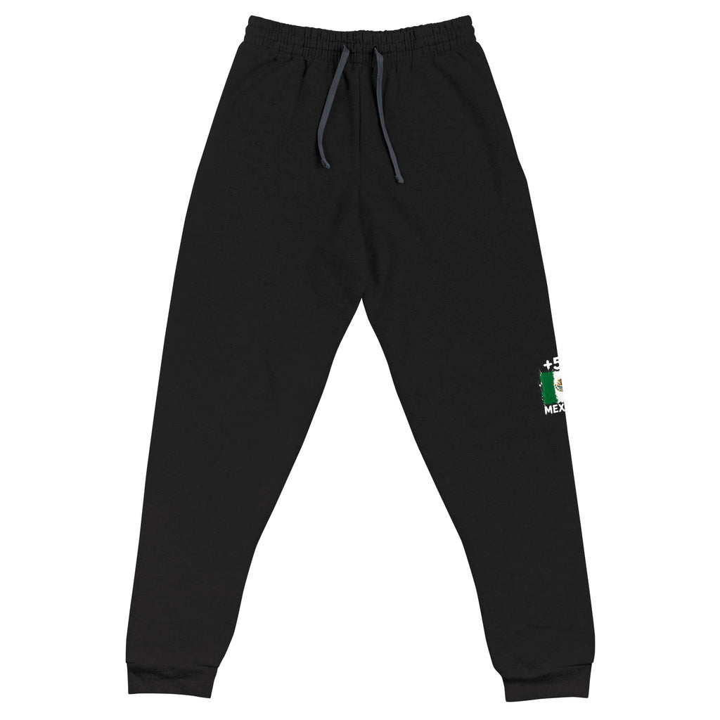 Jogger Mexique +52 - Noir avec drapeau floqué effet éclaboussure de peinture - vue de face - Indicatif Fier
