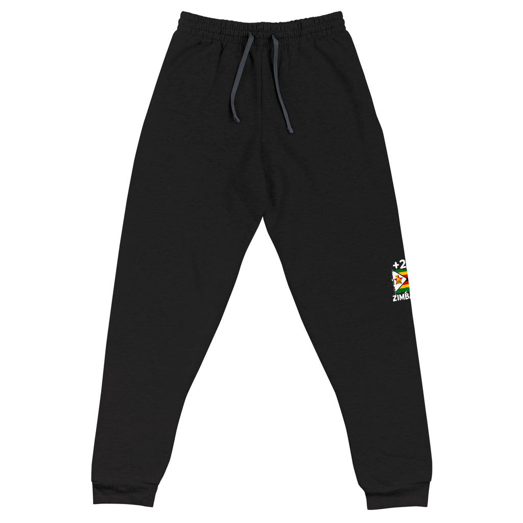 Jogger Zimbabwe +263 - Noir avec drapeau floqué effet éclaboussure de peinture - vue de face - Indicatif Fier