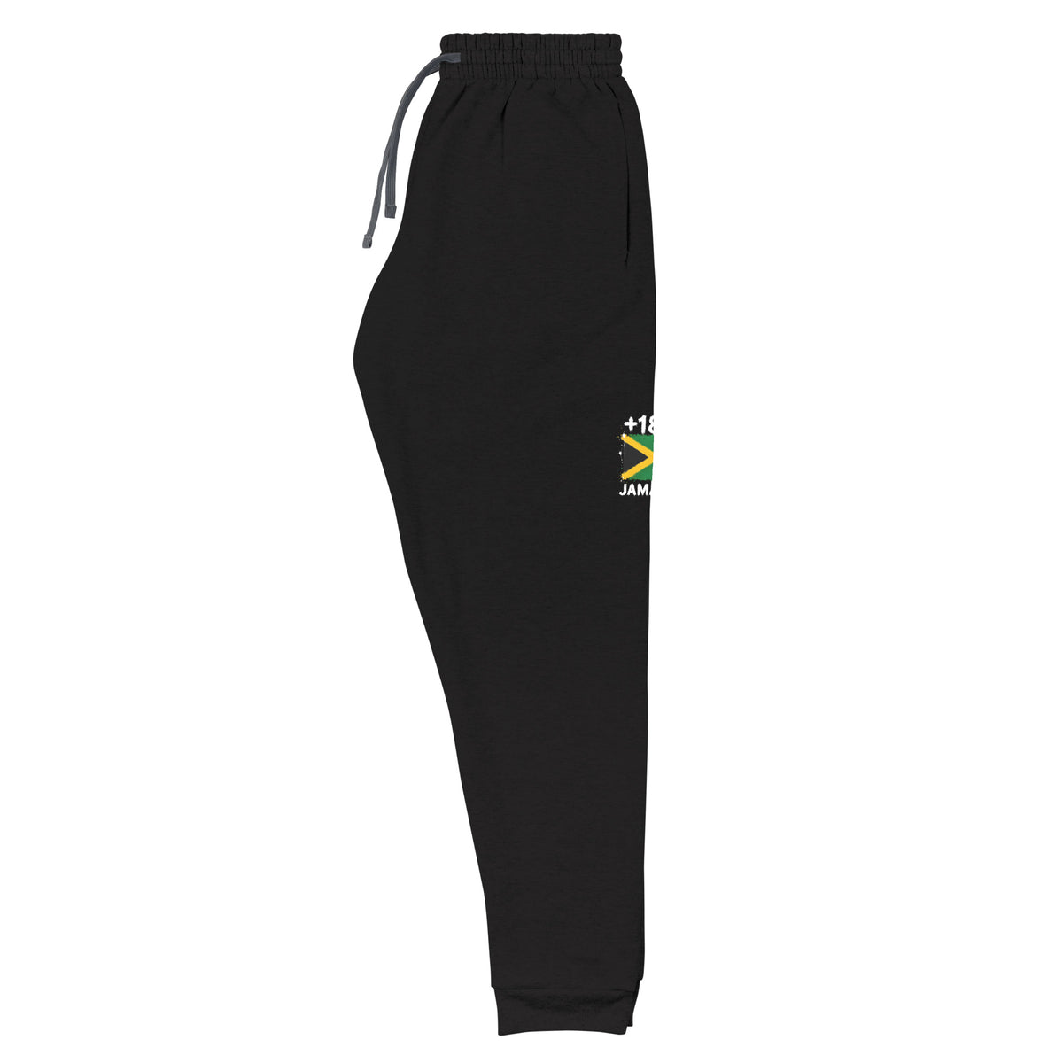 Jogger noir Jamaïque +1876 avec drapeau jamaïcain floqué - vue de profil - Indicatif Fier