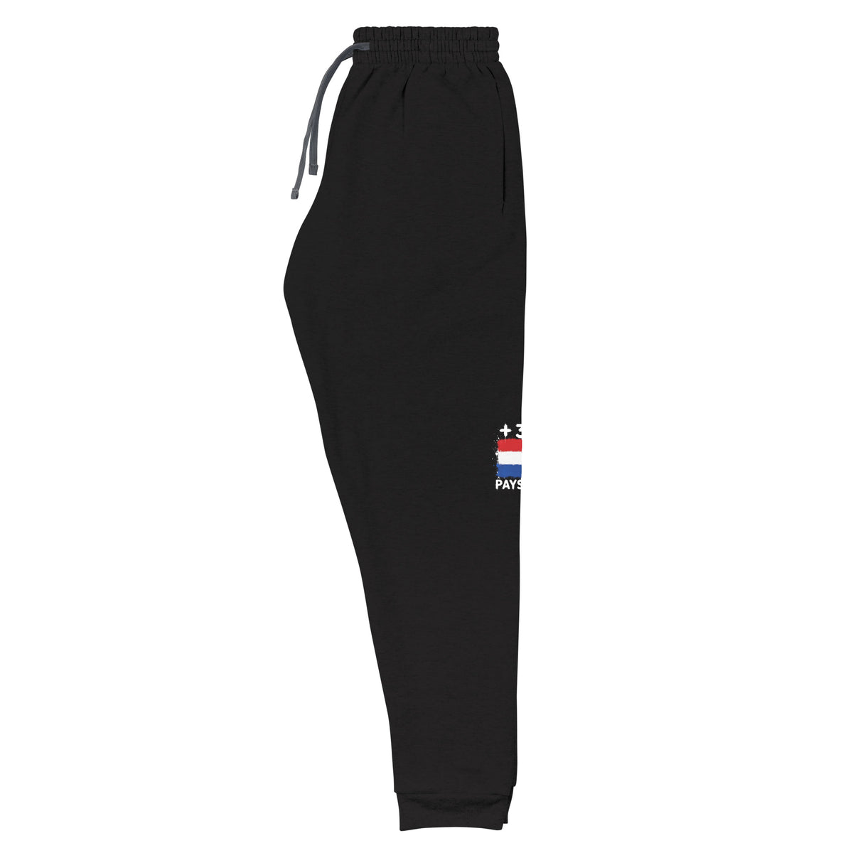 Jogger noir Pays Bas +31 avec drapeau néerlandais floqué sur la jambe gauche - vue de profil - Indicatif Fier