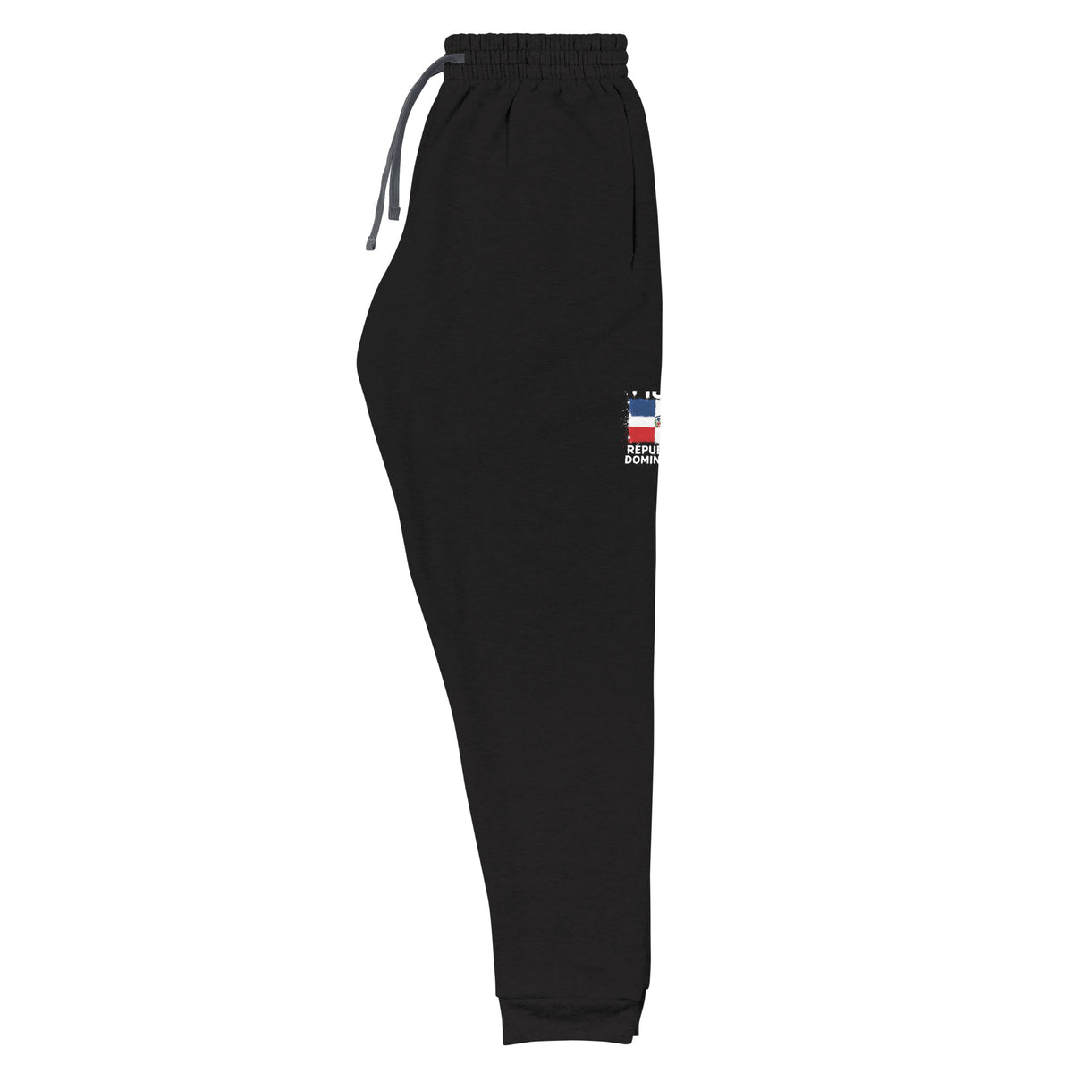 Jogger noir République Dominicaine +1809 avec drapeau dominicain floqué - vue de profil - Indicatif Fier