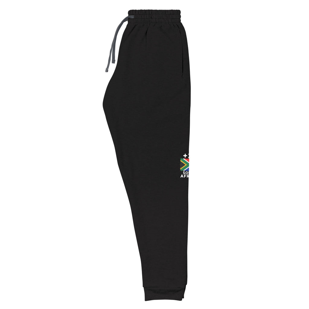 Jogger Afrique du Sud +27, vue de profil jambe gauche avec drapeau sud-africain, coloris noir