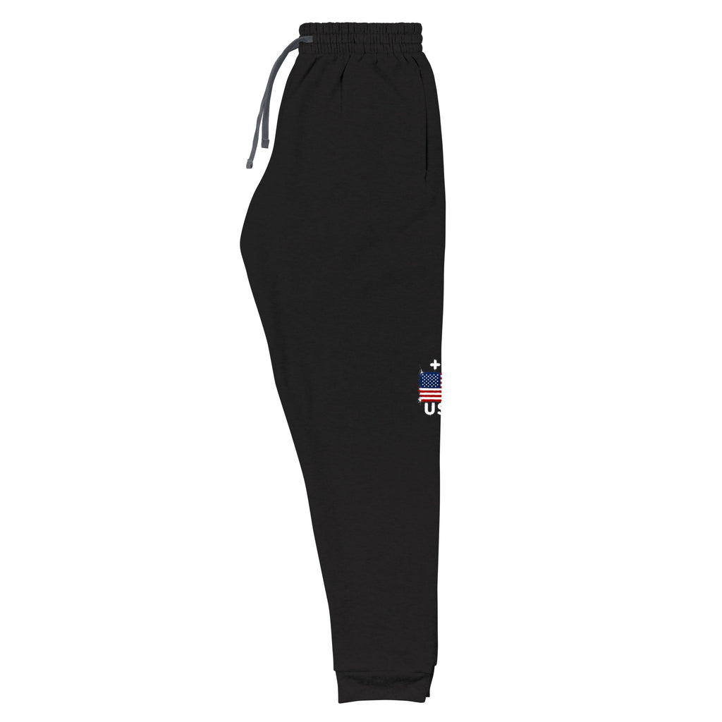 Jogger USA +1 - Noir avec drapeau floqué effet éclaboussure de peinture - vue de trois-quarts gauche - Indicatif Fier