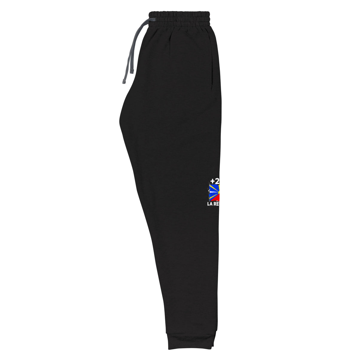 Jogger La Réunion +262 - Noir avec drapeau floqué effet éclaboussure de peinture - vue de trois-quarts gauche - Indicatif Fier