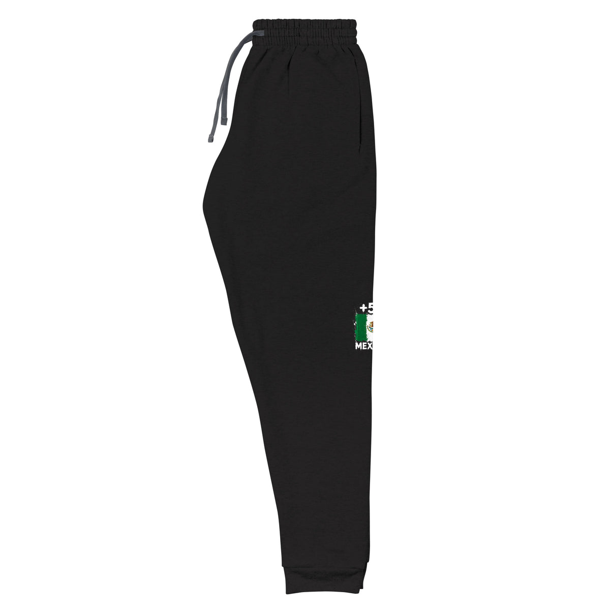 Jogger Mexique +52 - Noir avec drapeau floqué effet éclaboussure de peinture - vue de trois-quarts gauche - Indicatif Fier