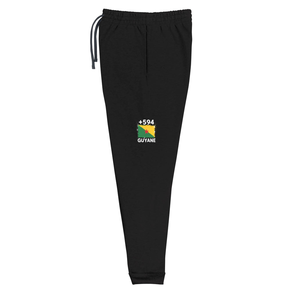 Jogger noir Guyane +594 avec petit drapeau guyanais floqué sur la jambe gauche - Indicatif Fier