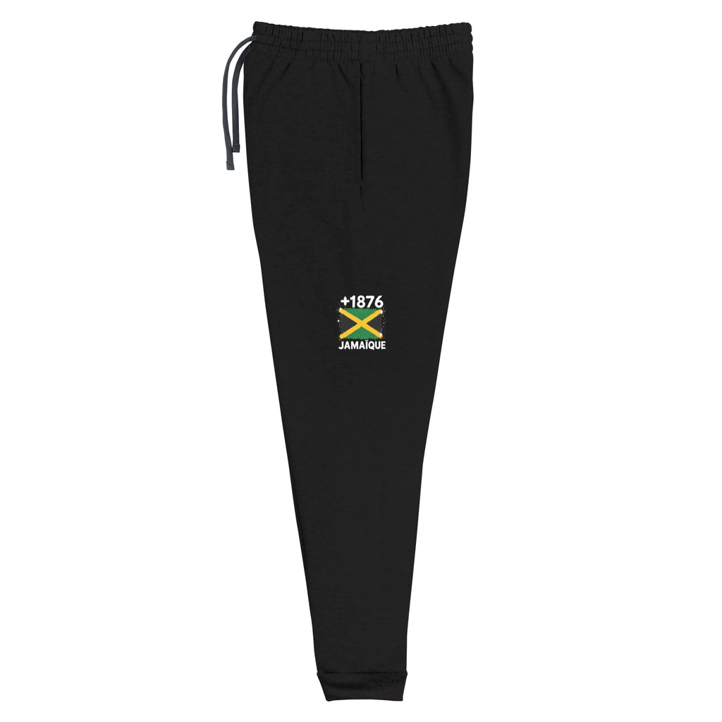 Jogger noir Jamaïque +1876 avec drapeau jamaïcain floqué effet éclaboussure de peinture - vue de face - Indicatif Fier