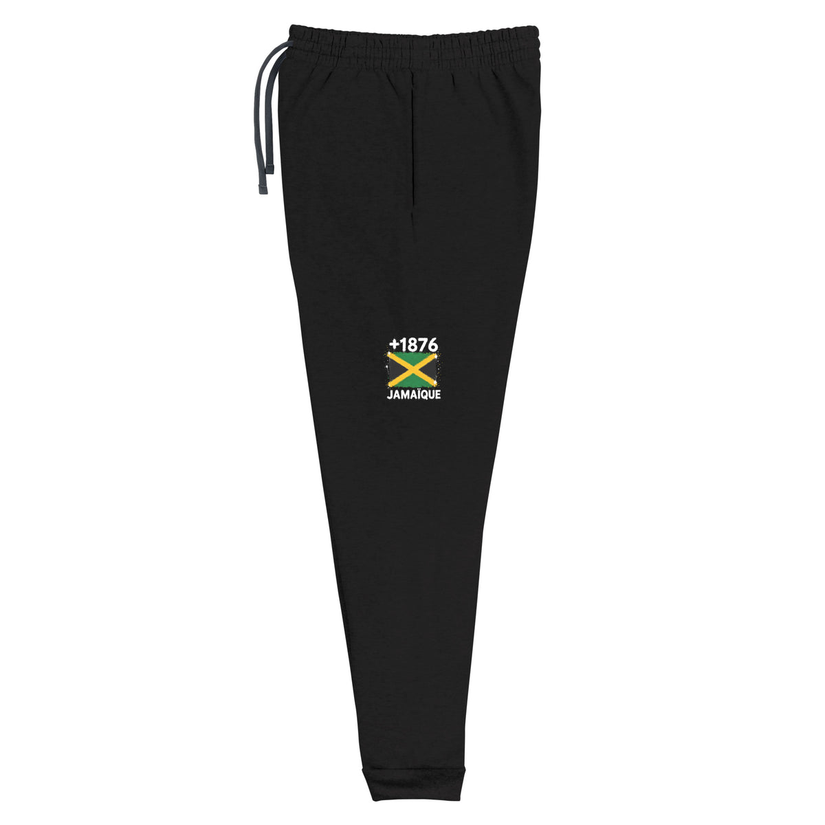 Jogger noir Jamaïque +1876 avec drapeau jamaïcain floqué effet éclaboussure de peinture - vue de face - Indicatif Fier