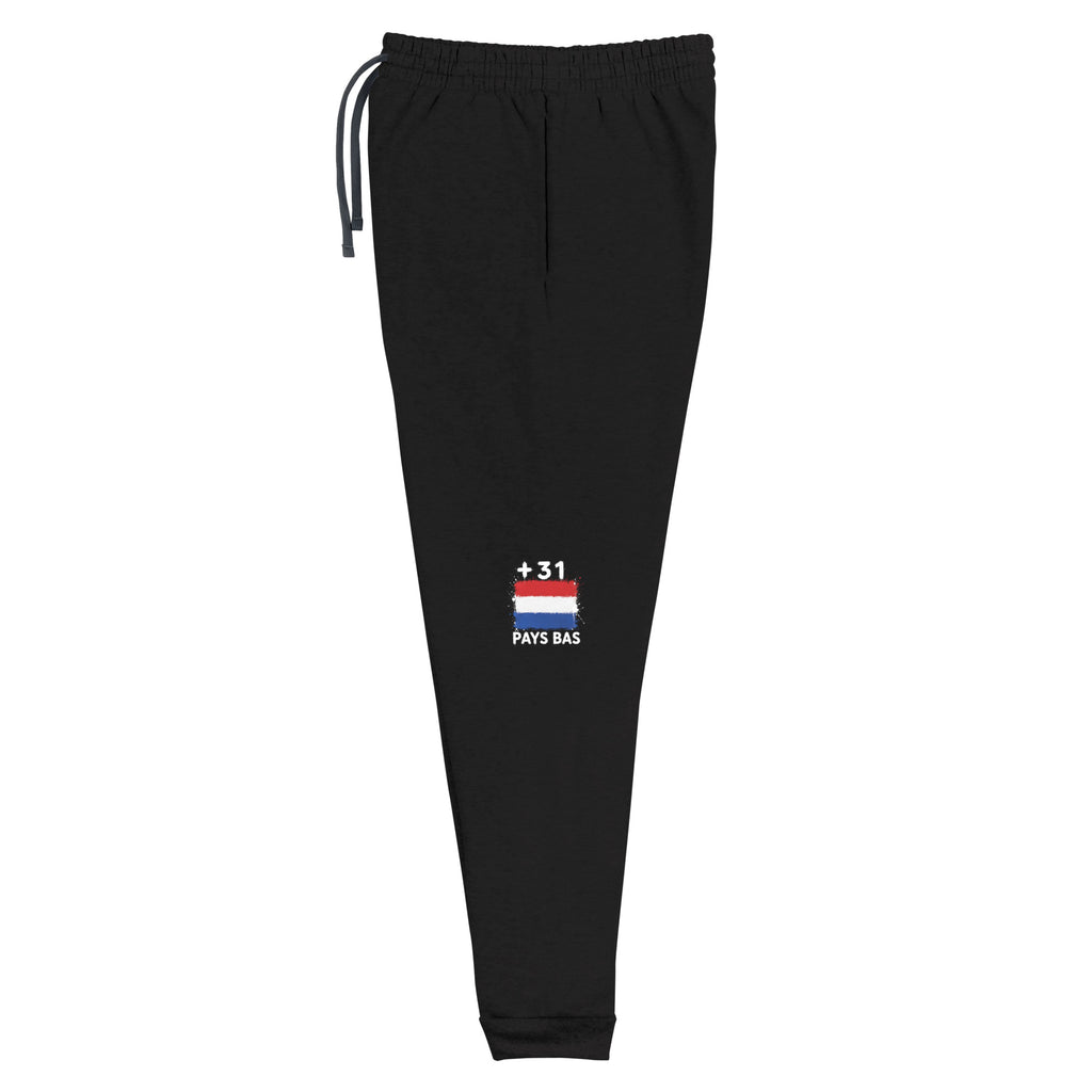 Jogger noir Pays Bas +31 avec drapeau néerlandais floqué sur la jambe gauche - vue de face - Indicatif Fier