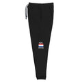 Jogger noir Pays Bas +31 avec drapeau néerlandais floqué sur la jambe gauche - vue de face - Indicatif Fier