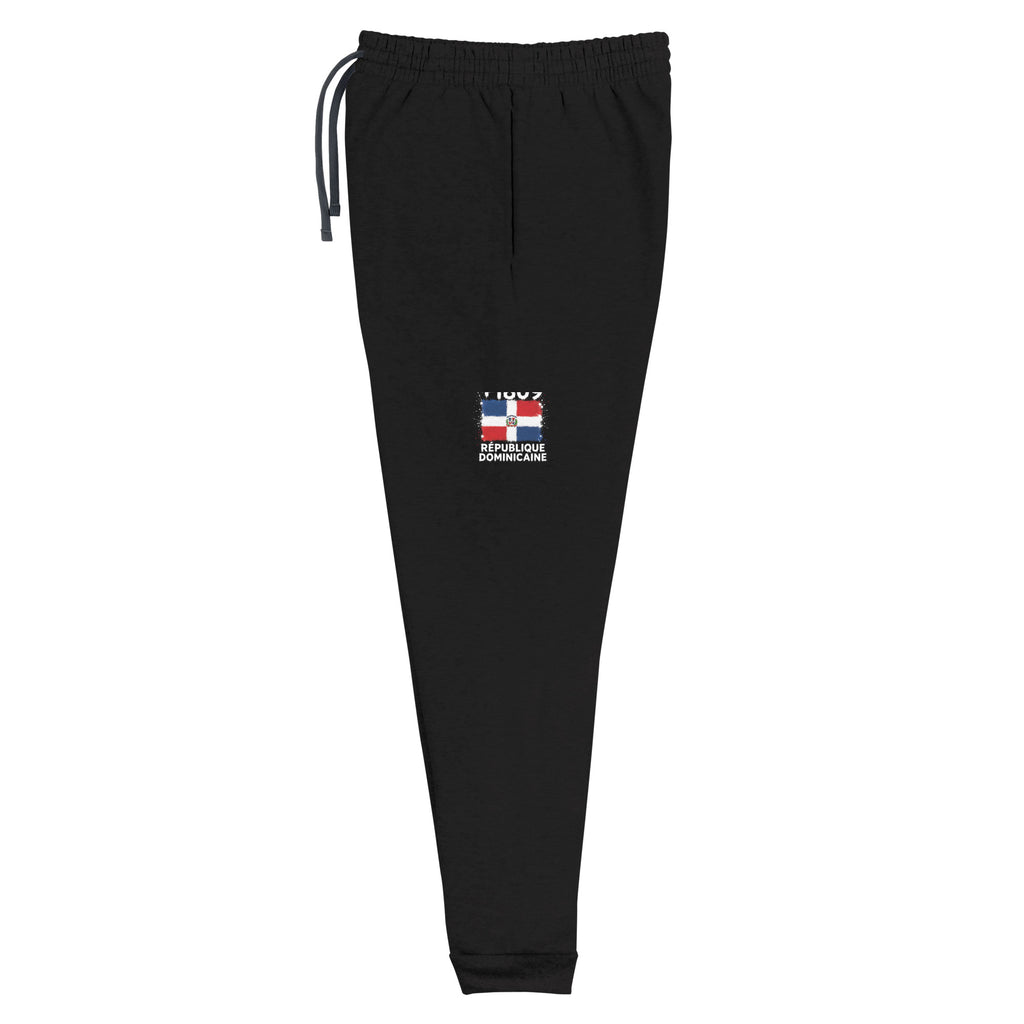Jogger noir République Dominicaine +1809 avec drapeau dominicain floqué sur la jambe gauche - vue de face - Indicatif Fier
