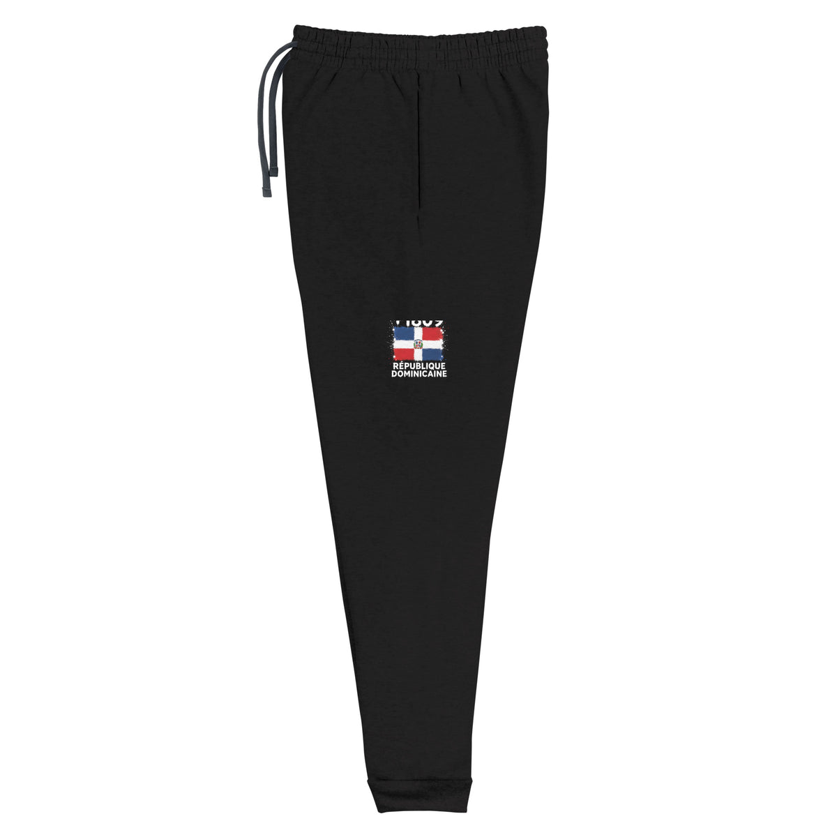 Jogger noir République Dominicaine +1809 avec drapeau dominicain floqué sur la jambe gauche - vue de face - Indicatif Fier