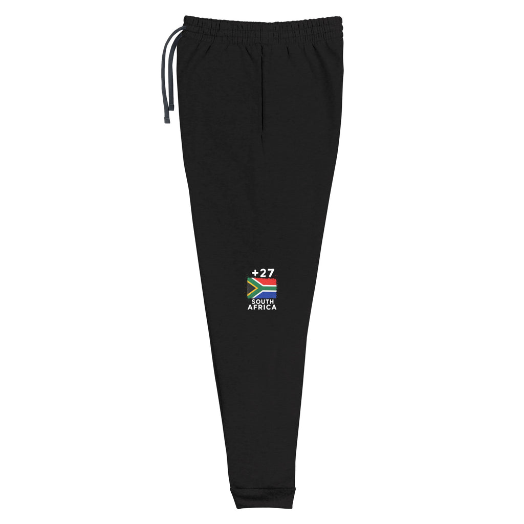 Jogger Afrique du Sud +27, vue de face, coloris noir, design drapeau sud-africain sur la jambe gauche
