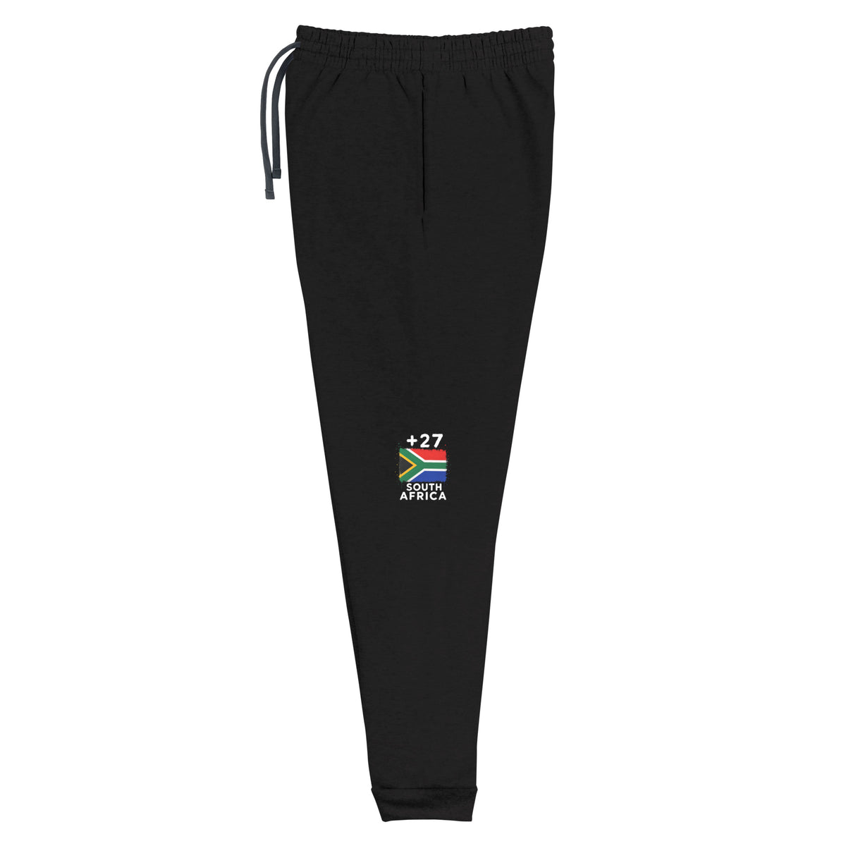 Jogger Afrique du Sud +27, vue de face, coloris noir, design drapeau sud-africain sur la jambe gauche