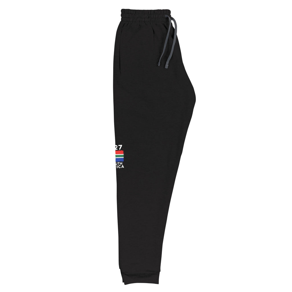 Jogger Afrique du Sud +27, vue de profil jambe droite avec drapeau sud-africain, coloris noir