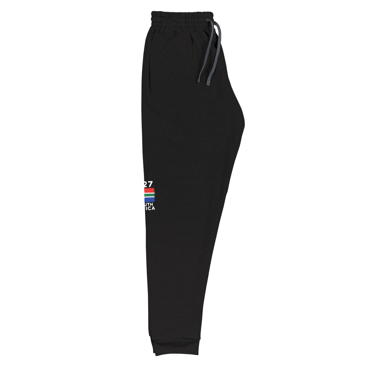 Jogger Afrique du Sud +27, vue de profil jambe droite avec drapeau sud-africain, coloris noir