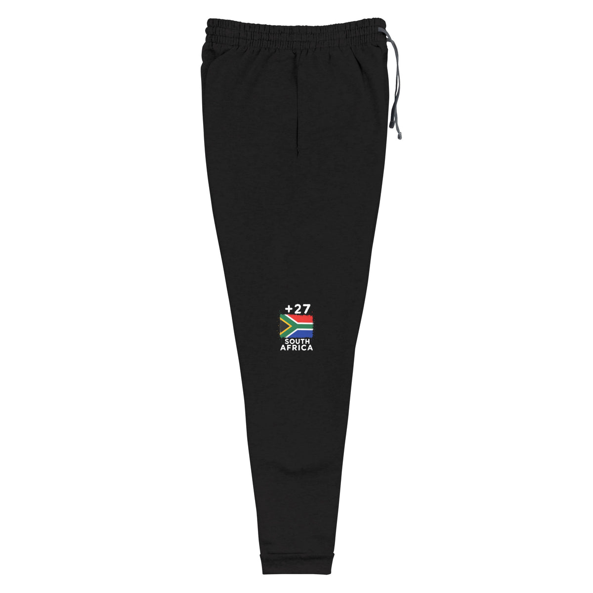 Jogger Afrique du Sud +27, vue de face jambe droite avec drapeau sud-africain, coloris noir
