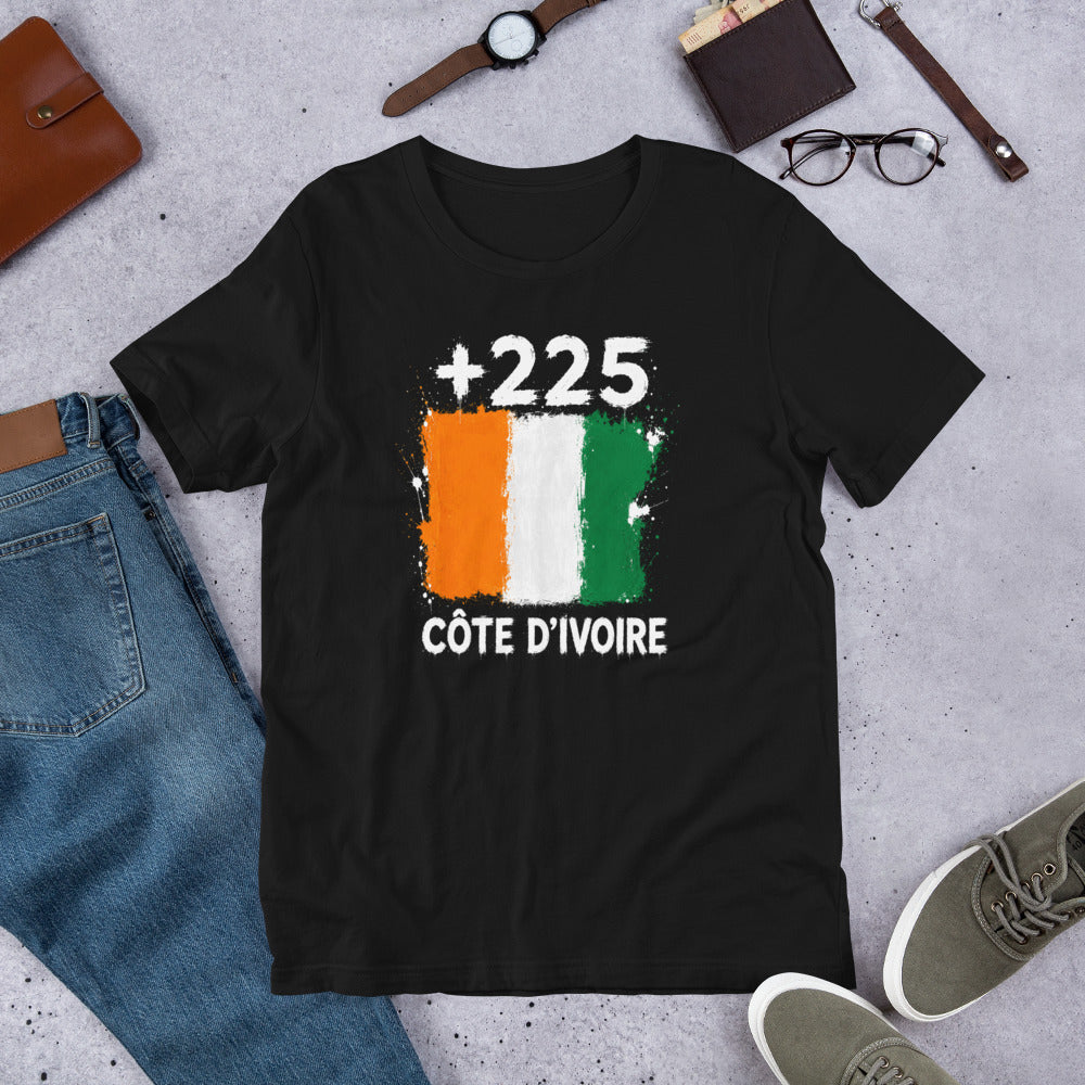 T-shirt Côte d'Ivoire +225 - Noir avec drapeau floqué effet éclaboussure de peinture - vue de face - Indicatif Fier
