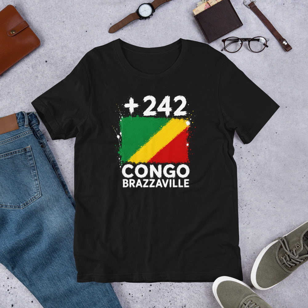 T-shirt Congo Brazzaville +242 - Noir avec drapeau floqué effet éclaboussure de peinture - vue de face - Indicatif Fier