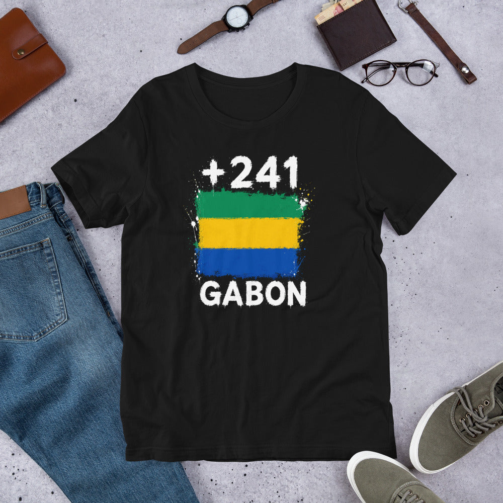 T-shirt Gabon +241 - Noir avec drapeau floqué effet éclaboussure de peinture - vue de face - Indicatif Fier