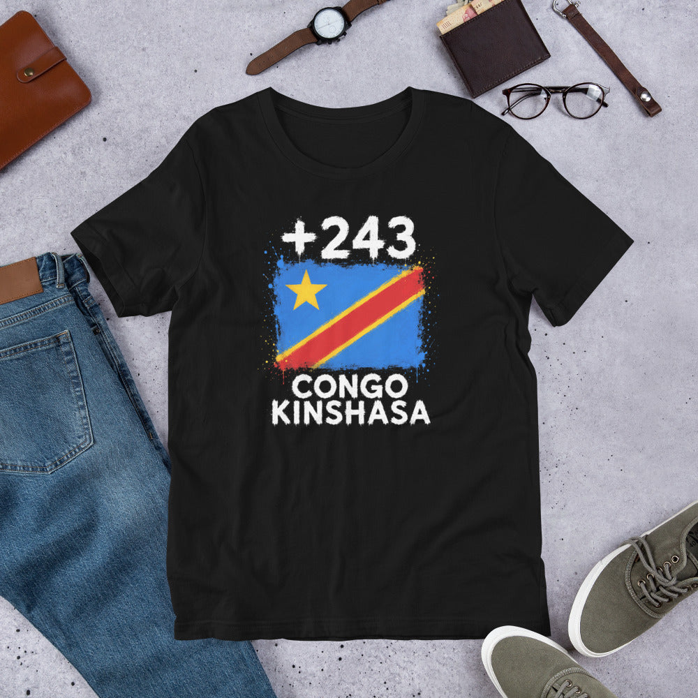 T-shirt RDC +243 - Noir avec drapeau floqué effet éclaboussure de peinture - vue de face - Indicatif Fier