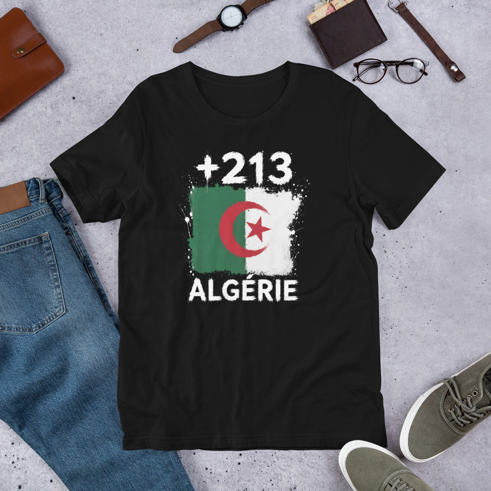 T-shirt Algérie +213 avec drapeau floqué effet éclaboussure de peinture - vue de face - Indicatif Fier