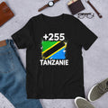 T-shirt Tanzanie +255 noir vue de face, sérigraphie drapeau tanzanien