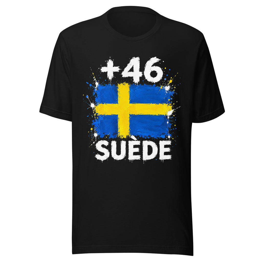T-shirt Suède +46 - Noir, design drapeau suédois, vue de face - Indicatif Fier