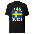 T-shirt Suède +46 - Noir, design drapeau suédois, vue de face - Indicatif Fier