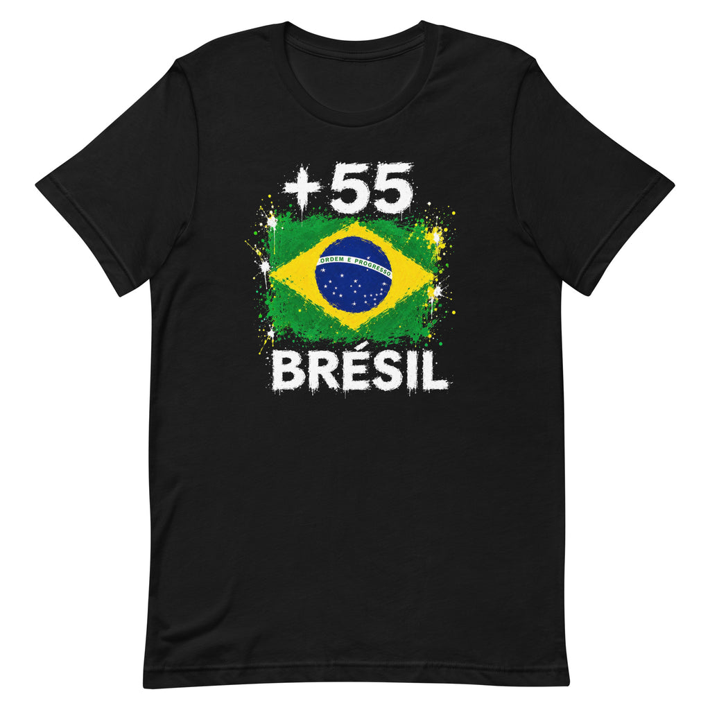 T-shirt Brésil +55 noir vue de face, sérigraphie drapeau brésilien