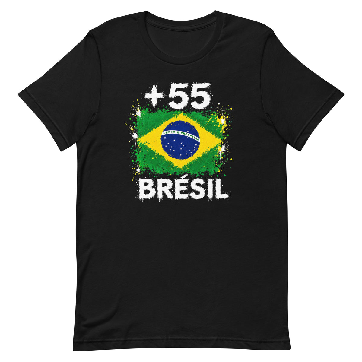 T-shirt Brésil +55 noir vue de face, sérigraphie drapeau brésilien