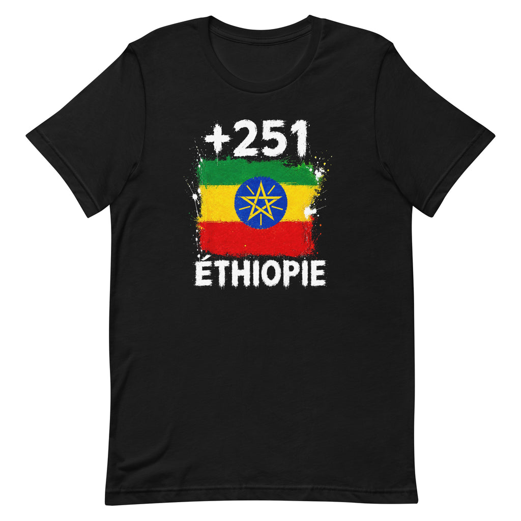 T-shirt Éthiopie +251 noir vue de face, sérigraphie drapeau éthiopien