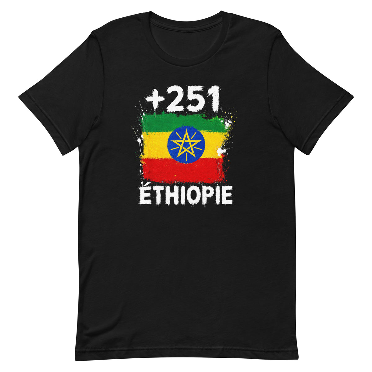 T-shirt Éthiopie +251 noir vue de face, sérigraphie drapeau éthiopien