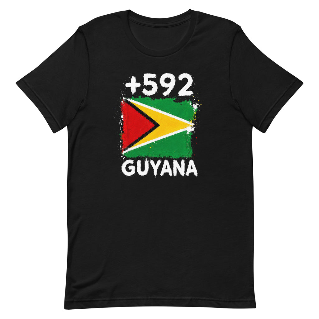 T-shirt Guyana +592 noir vue de face, sérigraphie drapeau guyanien