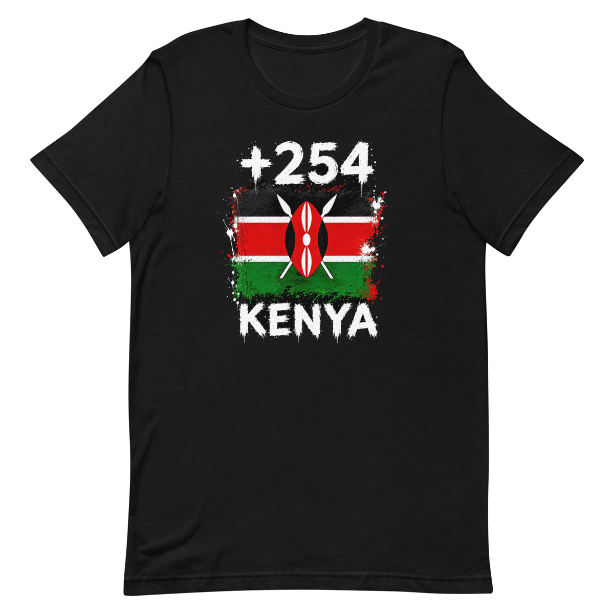 T-shirt Kenya +254 noir vue de face, sérigraphie drapeau kényan