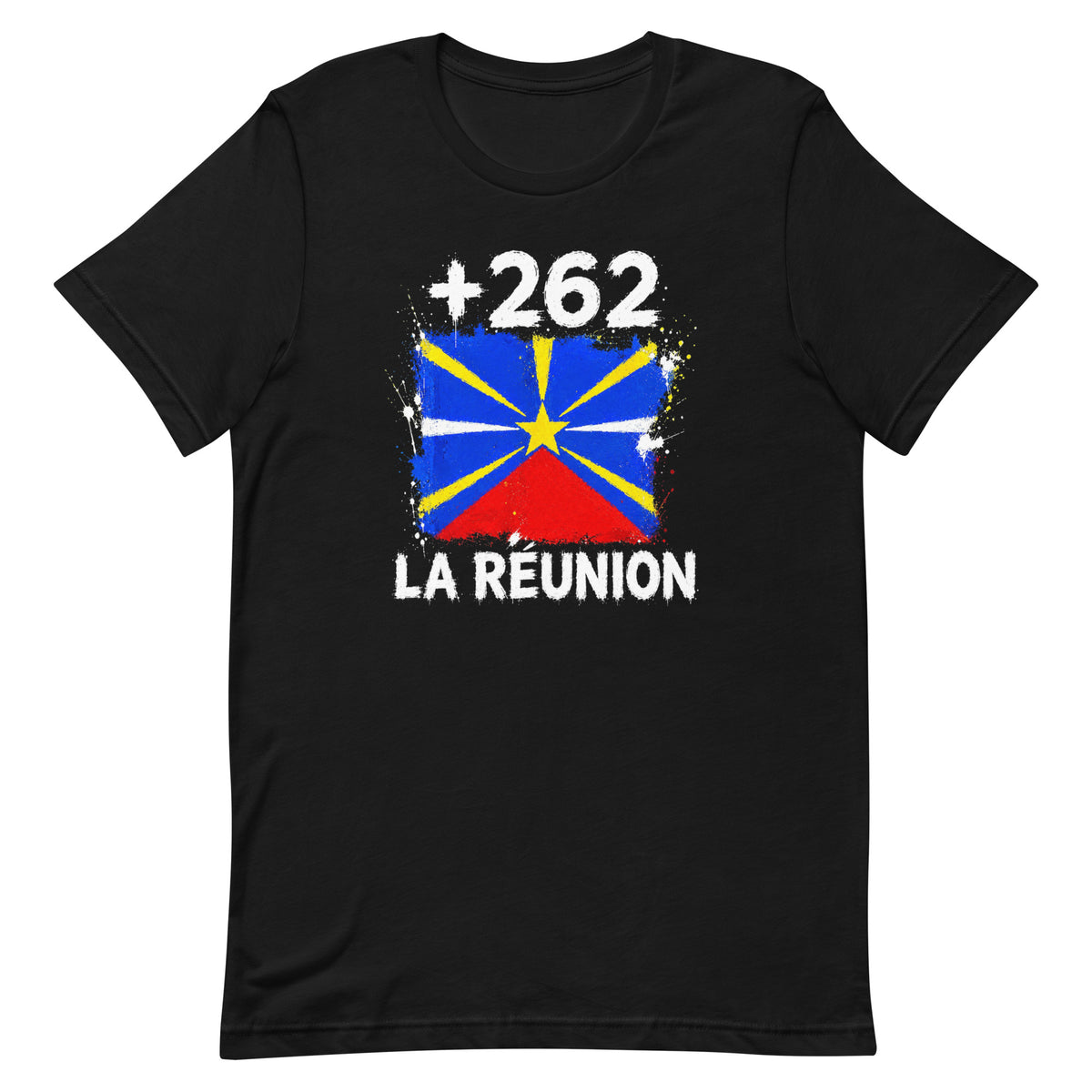 T-shirt La Réunion +262 noir vue de face, sérigraphie drapeau réunionnais