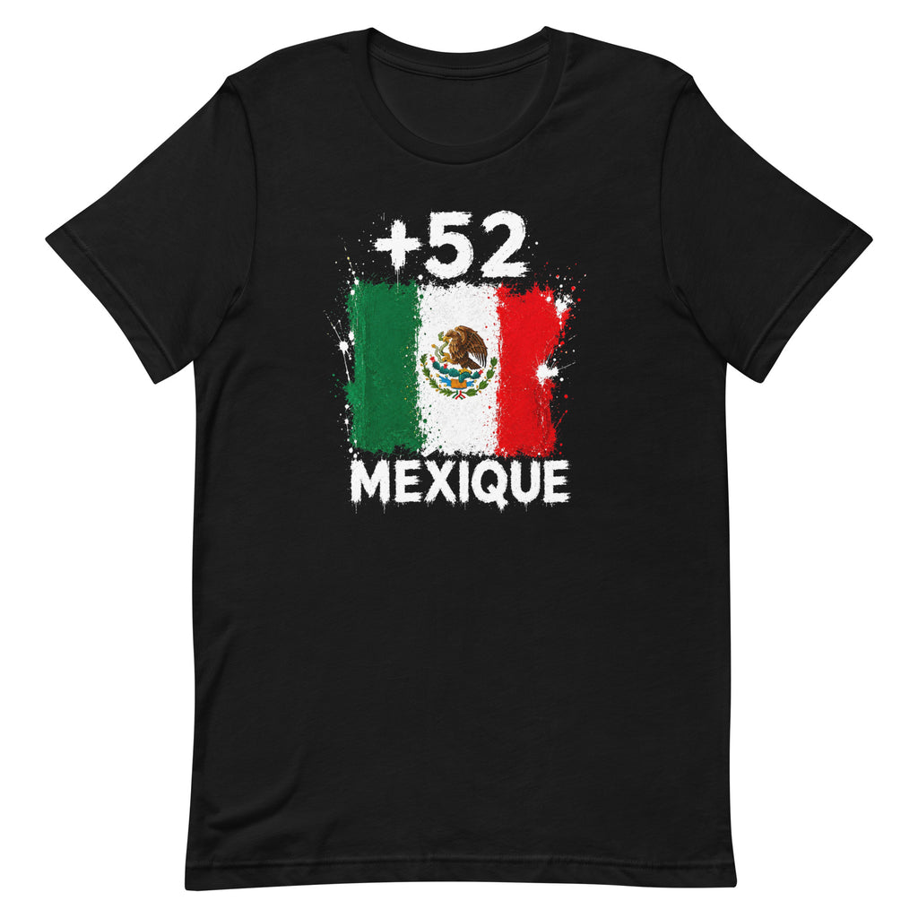 T-shirt Mexique +52 noir vue de face, sérigraphie drapeau mexicain