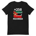 T-shirt Mozambique +258 noir vue de face, sérigraphie drapeau mozambicain