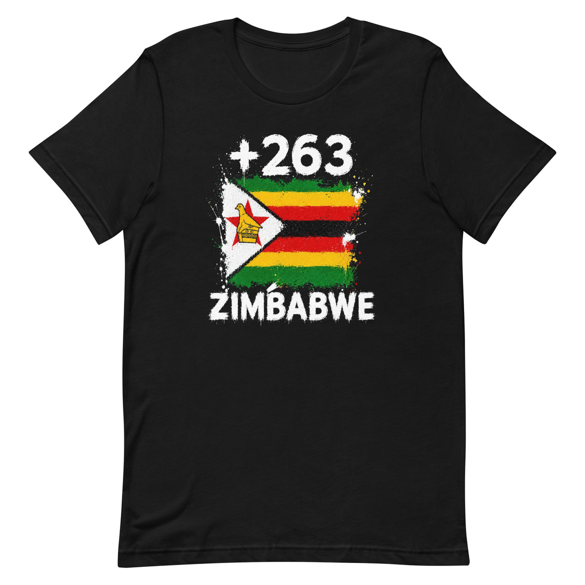 T-shirt Zimbabwe +263 noir vue de face, sérigraphie drapeau zimbabwéen