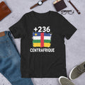 T-shirt Centrafrique +236 avec drapeau floqué effet éclaboussure de peinture - vue de face - Indicatif Fier