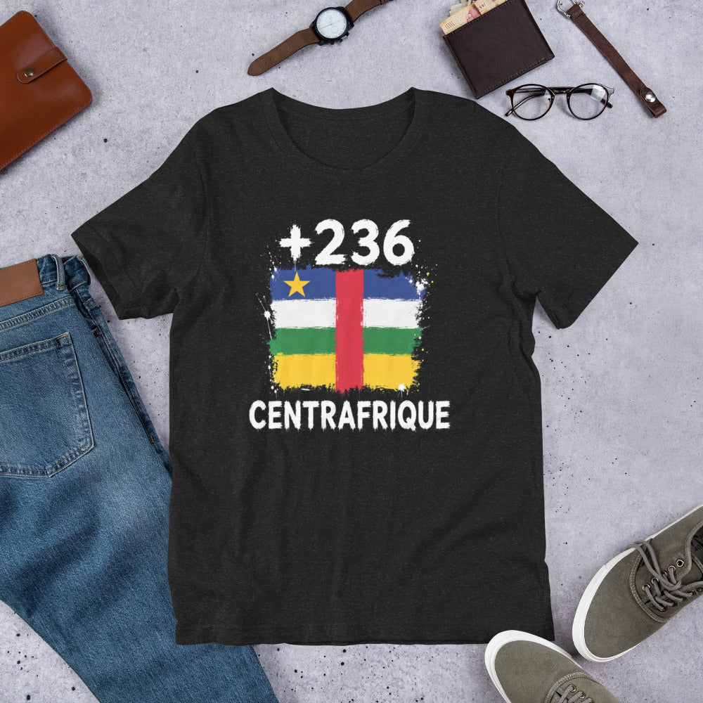 T-shirt Centrafrique +236 avec drapeau floqué effet éclaboussure de peinture - vue de face - Indicatif Fier