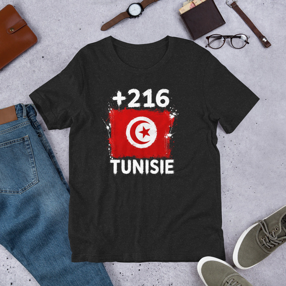 T-shirt Tunisie +216 avec drapeau floqué effet éclaboussure de peinture - vue de face - Indicatif Fier