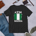 T-shirt Nigeria +234 - Noir avec drapeau floqué effet éclaboussure de peinture - vue de face - Indicatif Fier