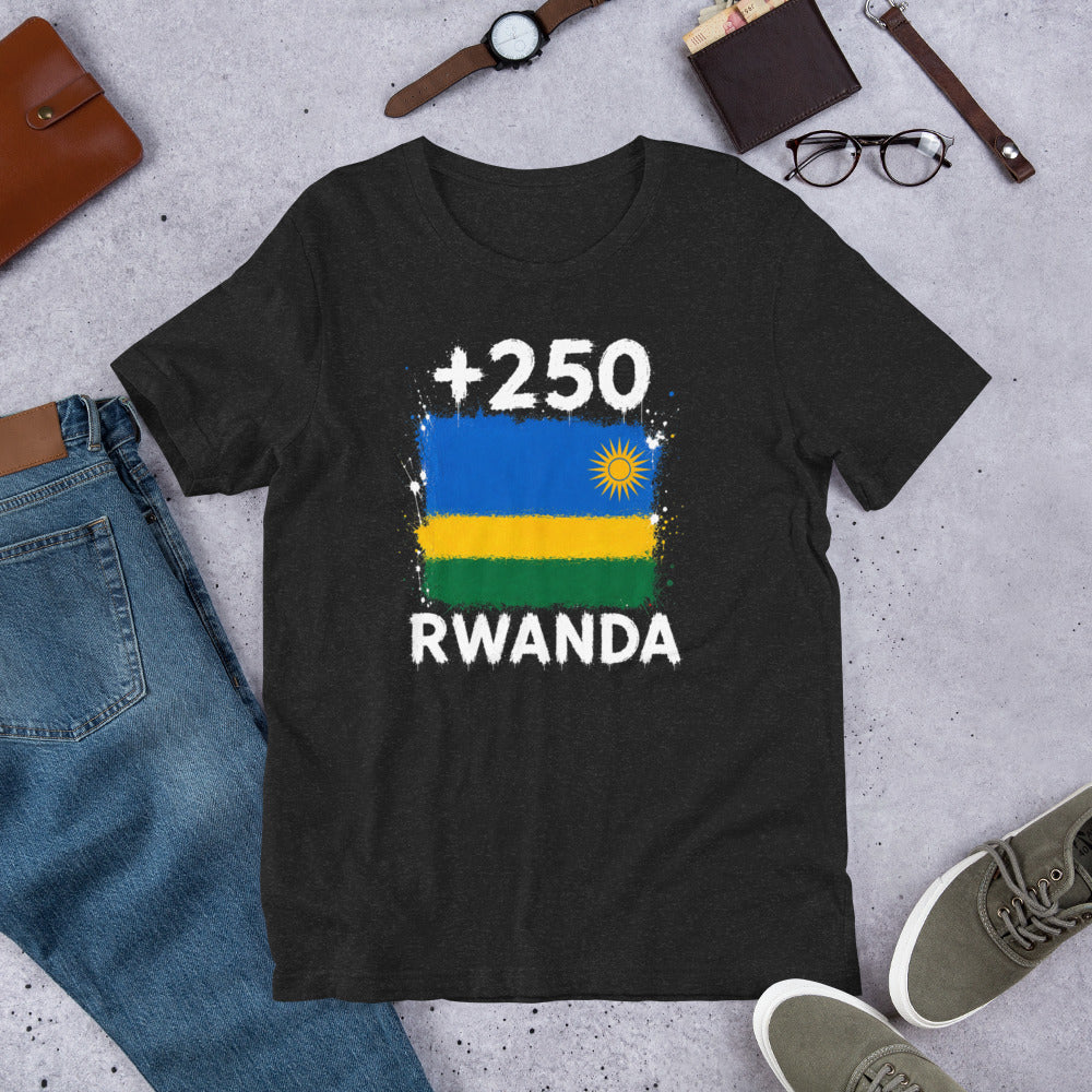 T-shirt Rwanda +250 - Noir avec drapeau floqué effet éclaboussure de peinture - vue de face - Indicatif Fier