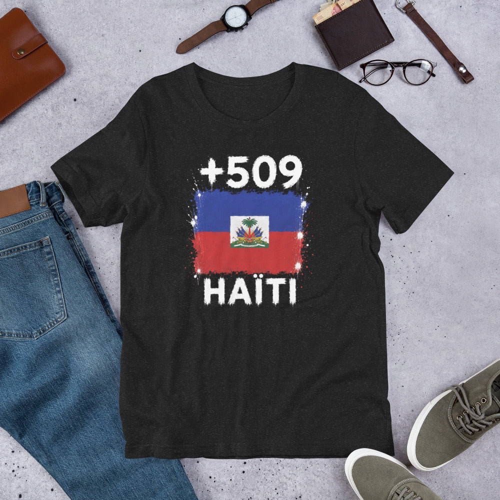 T-shirt Haïti +509 - Noir avec drapeau floqué effet éclaboussure de peinture - vue de face - Indicatif Fier