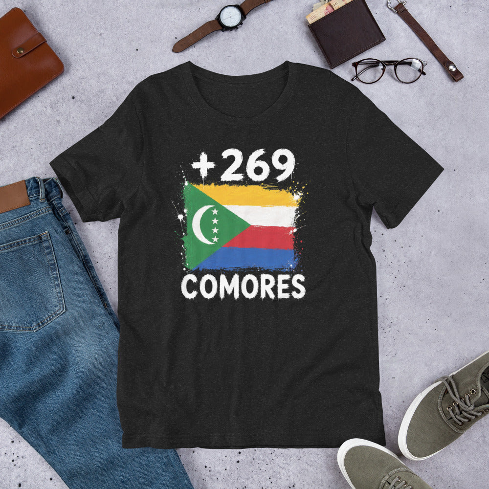 T-shirt Comores +269 - Noir avec drapeau floqué effet éclaboussure de peinture - vue de face - Indicatif Fier