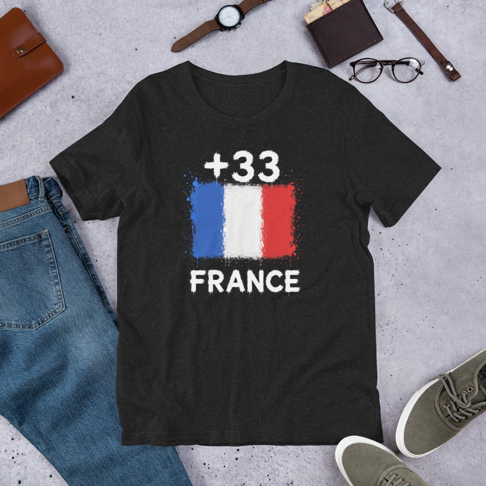 T-shirt France +33 - Noir avec drapeau floqué effet éclaboussure de peinture - vue de face - Indicatif Fier